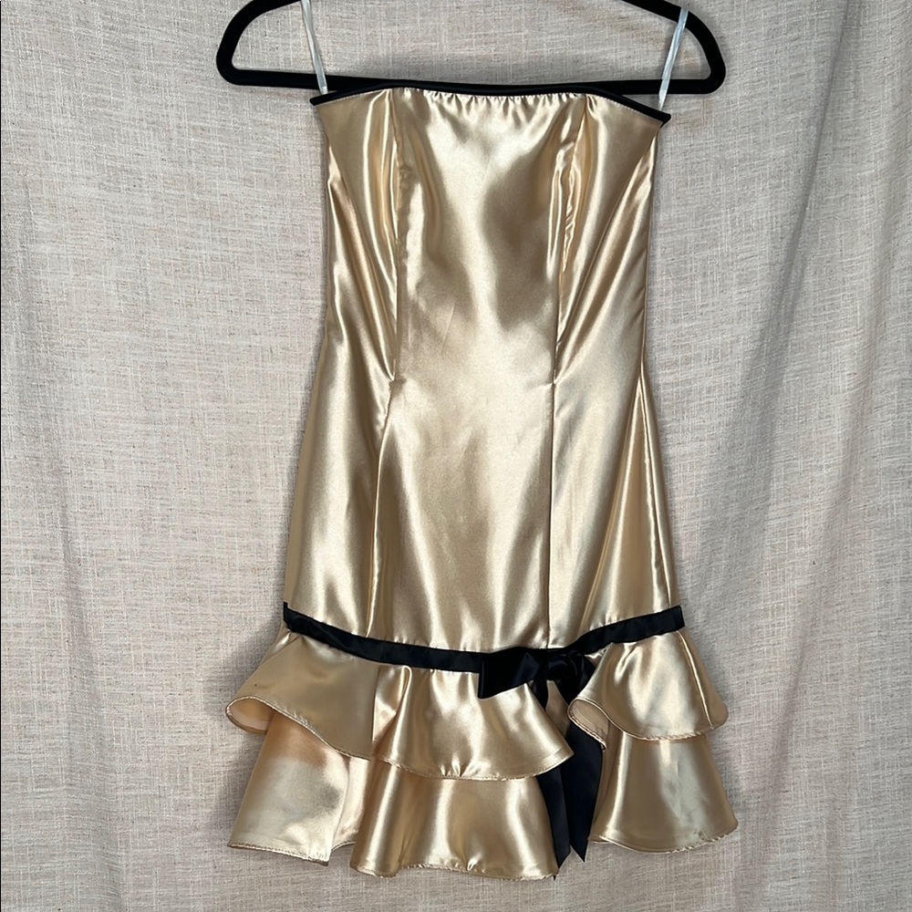 Jessica McClintock by Gunne Sax Gold Strapless Dress with Black Bow Size 1